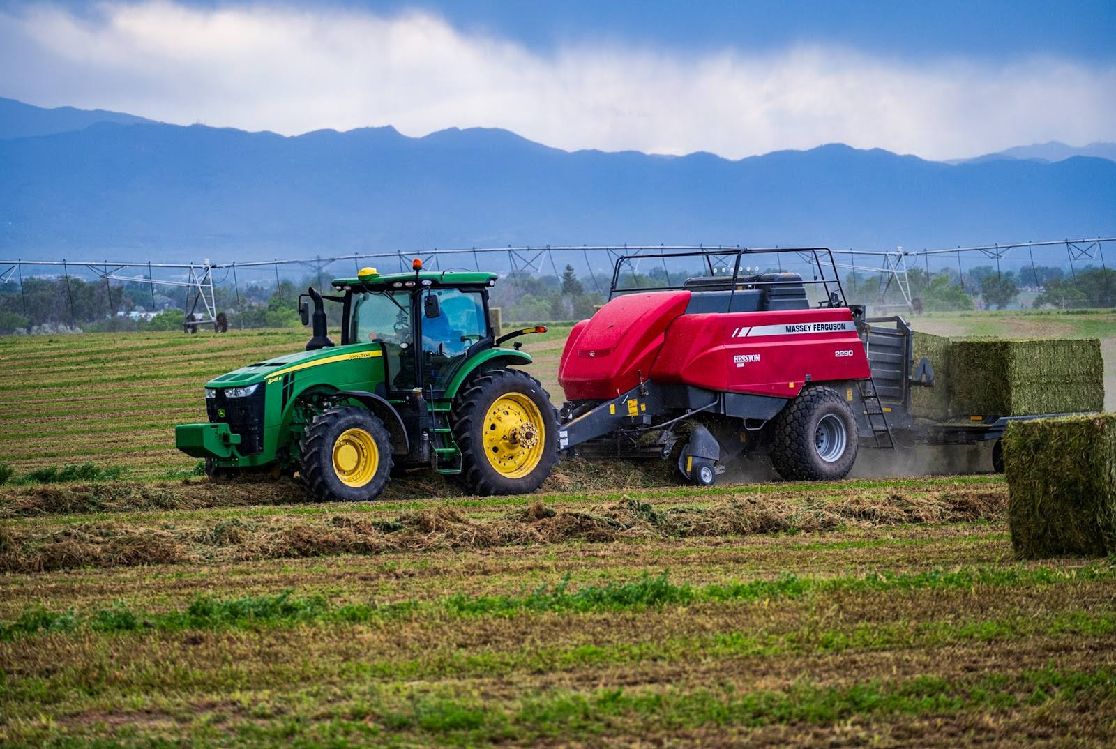 Tractor baling hay on a Colorado farm